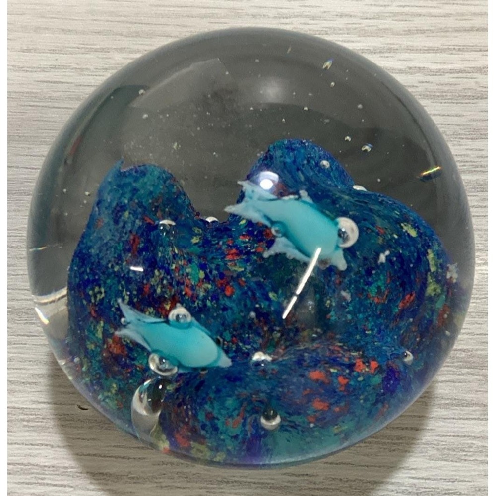 Art Deco‎ Glass Paperweight 2.5x2.25" Multicolor Ocean Theme w/ Dolphins
